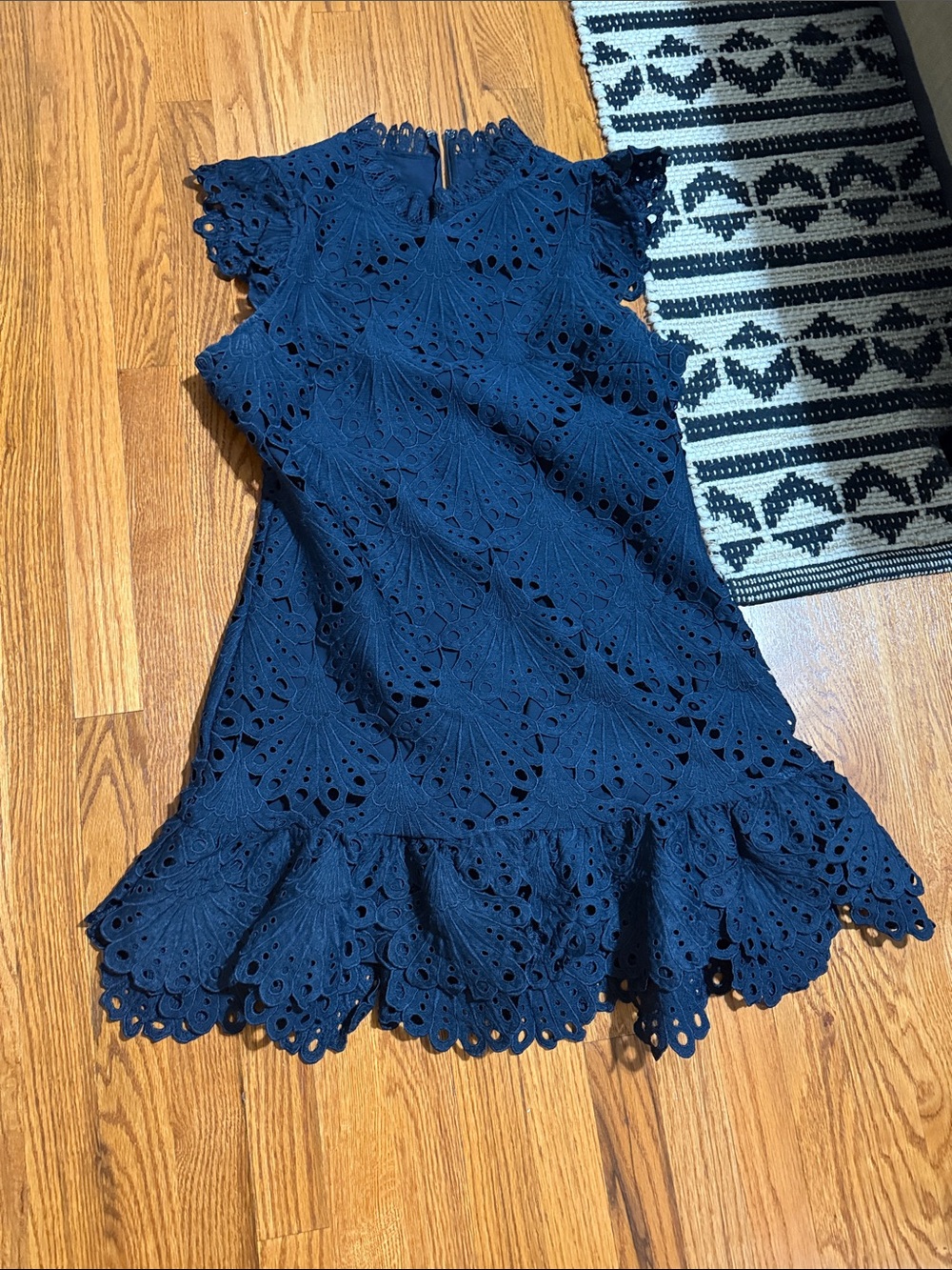 Aqua Navy Eyelet Lace Cap-Sleeve Ruffle Dress